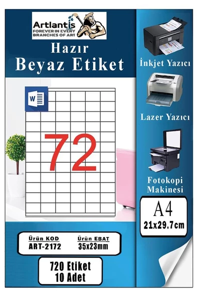 A4 Hazır Etiket 35x23 mm 10 Sayfa 1 Paket 72 li Kendinden Yapışkanlı Fotokopi Lazer İnkjet Kağıdı Yazıcılar İçin Uyumlu