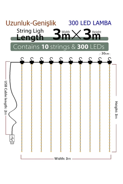 8 Fonksiyonlu Peri Perde Led Uzaktan Kumandalı Günışığı Perde Peri Led (3 Mt X 3 Mt) - 3
