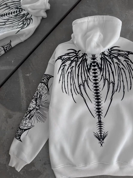 Üç İplik Kapşonlu Baskılı Oversize SweatShirt- Beyaz - 4