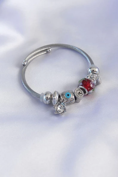 Gümüş Kırmızı Renk Zirkon Taşlı Nazar Boncuk Figür Charm Kadın Bileklik ürün görseli 1