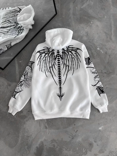 Üç İplik Kapşonlu Baskılı Oversize SweatShirt- Beyaz - 2