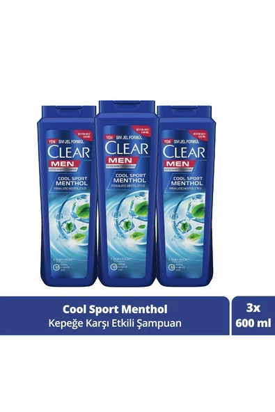 Clear   Men Kepeğe Karşı Etkili Saç Bakım Şampuanı Cool Sport Menthol Ferahlatıcı Mentol 600 ml X3