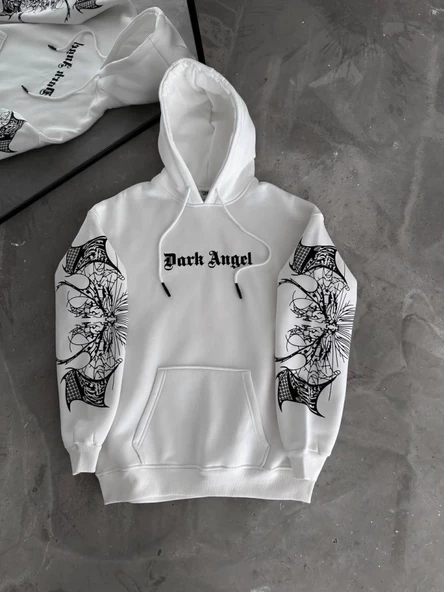 Üç İplik Kapşonlu Baskılı Oversize SweatShirt- Beyaz - 3