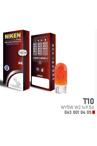 Niken T10 Amber Wy5w Park Ampulu( -10 Adet-) W2.1x9.5d Amb(12v)