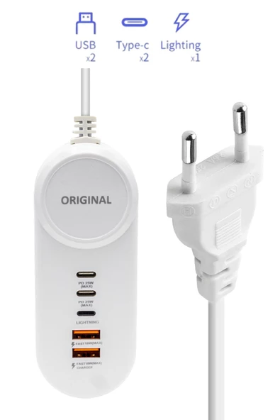 Universal Güçlü Şarj Adaptörü 25W PD Lightning + 2 Type-C + 2 USB Şarj Adaptör