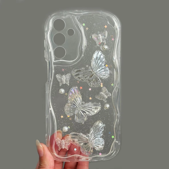 Samsung Galaxy A15 Kılıf 3D Kelebek Desen Kamera Korumalı Şeffaf Silikon Kapak