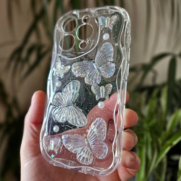 iPhone 15 Pro Max Kılıf 3D Kelebek Desen Kamera Korumalı Şeffaf Silikon Kapak - 4