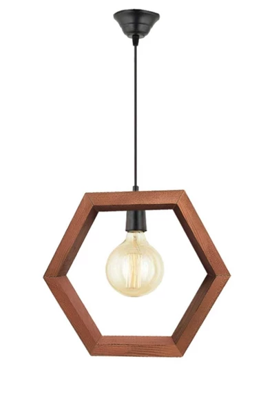 Zuhal Aydınlatma Kahverengi Boyalı Ahşap Tekli Hexagon Avize