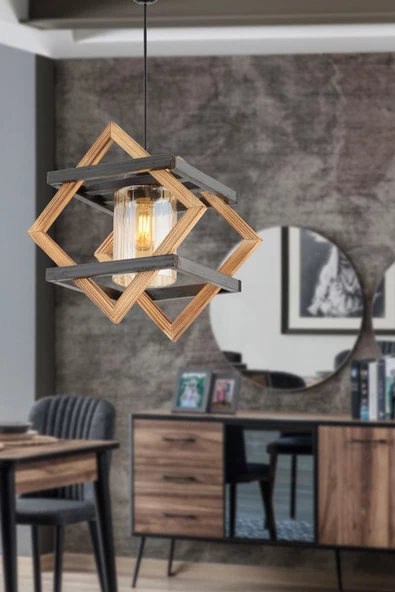 Evimdesign Country Yıldız Tekli Ahşap Sarkıt Kahve-Gri Avize