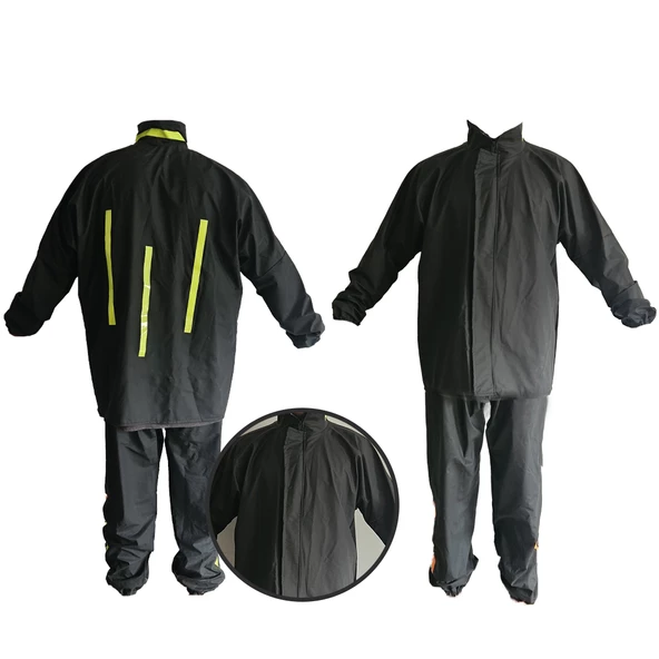 MOTORCU YAĞMURLUK REFLEKTÖR ÇİZGİLİ ALT ÜST TAKIM YAĞMURLUK SU GEÇİRMEZ DİKİŞSİZ FERMUARLI SİYAH YAĞMURLUK ürün görseli 1