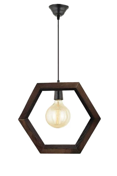 Zuhal Aydınlatma Koyu Kahverengi Boyalı Ahşap Tekli Hexagon Avize