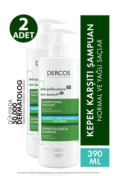 Vichy Dercos Anti-Pelliculaire Anti-Dandruff Kepek Karşıtı Şampuan 390 ml - Normal ve Yağlı Saçlar 2 Adet