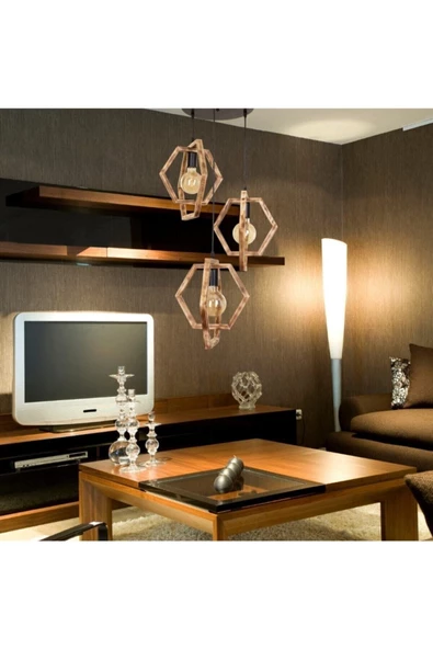 Zuhal Aydınlatma Sedef 3'lü Ahşap Avize