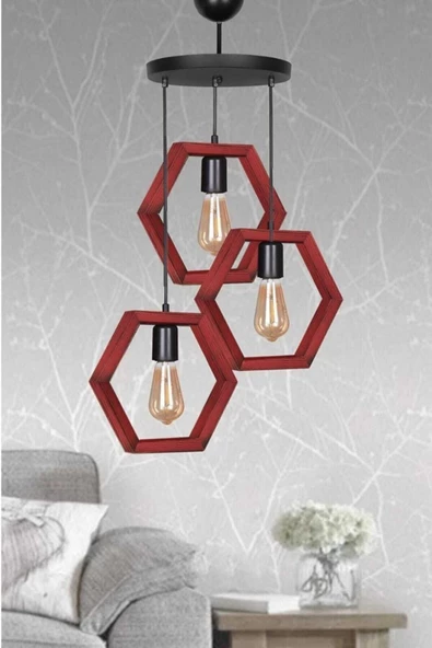 Zuhal Aydınlatma Kırmızı Boyalı Hexagon Ahşap 3'lü Avize
