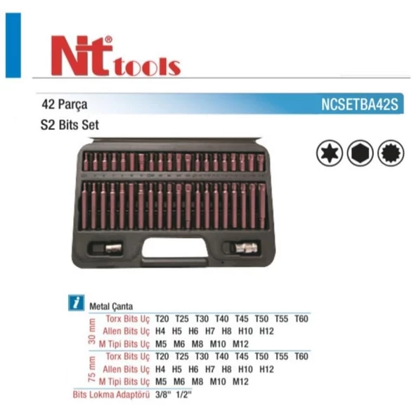 Nt Tools 42 Parça Torx, Allen ve M Tipi Bits Seti S2 Çeliği NCSETBA42S - 2
