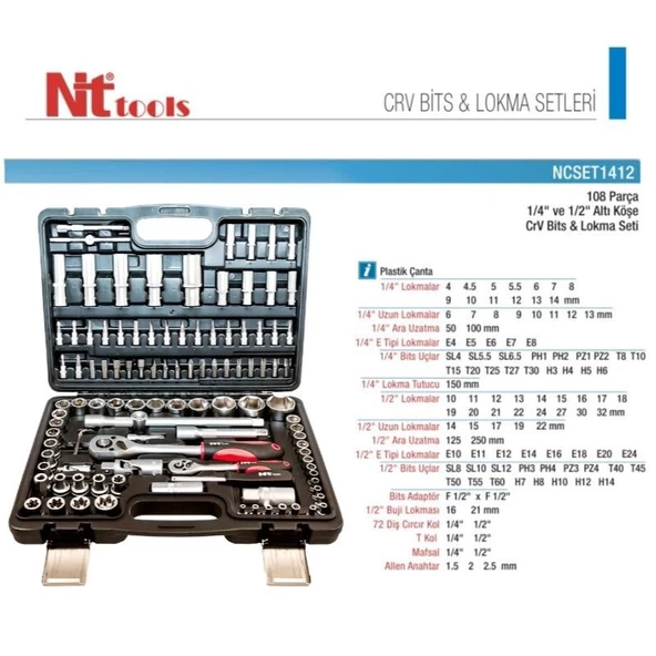Nt Tools 108 Parça 1/2" - 1/4"  Bits ve Altıköşe Lokma Seti NCSET1412 - 2
