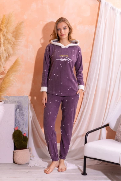 Kapüşonlu  Kışlık Kadın Peluş Polar Pijama Takımı - Yeni Yıl Pijaması - 6