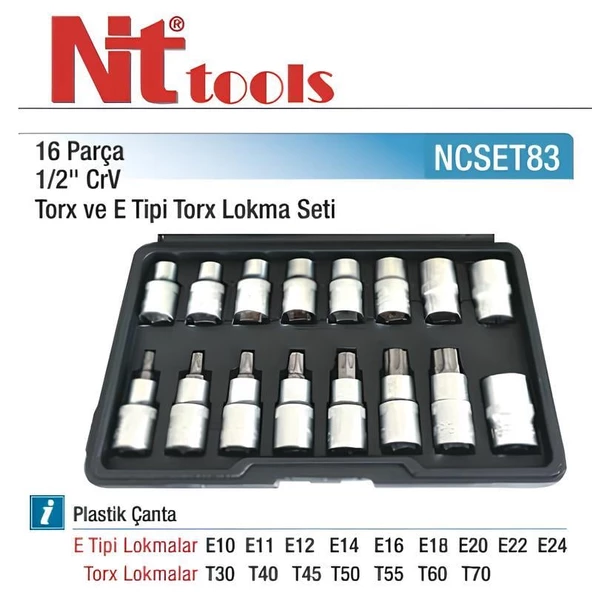 Nt Tools 16 Parça 1/2" Torx ve E Tipi Torx Lokma Seti CrV NCSET83 - 2