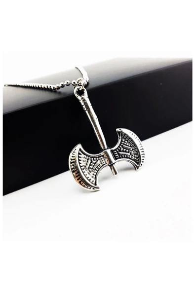 Gümüş Renk Top Zincir Erkek Çift Taraflı Balta Kolye - 2