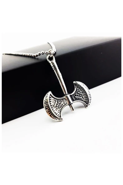 Gümüş Renk Top Zincir Erkek Çift Taraflı Balta Kolye - 3