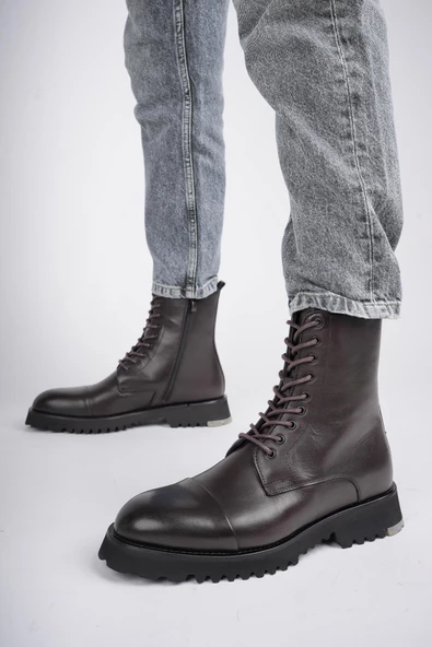 Muggo HERNANDEZ Garantili Bağcıklı Fermuarlı Hakiki Deri Kaymaz Taban Erkek Postal Bot - 5