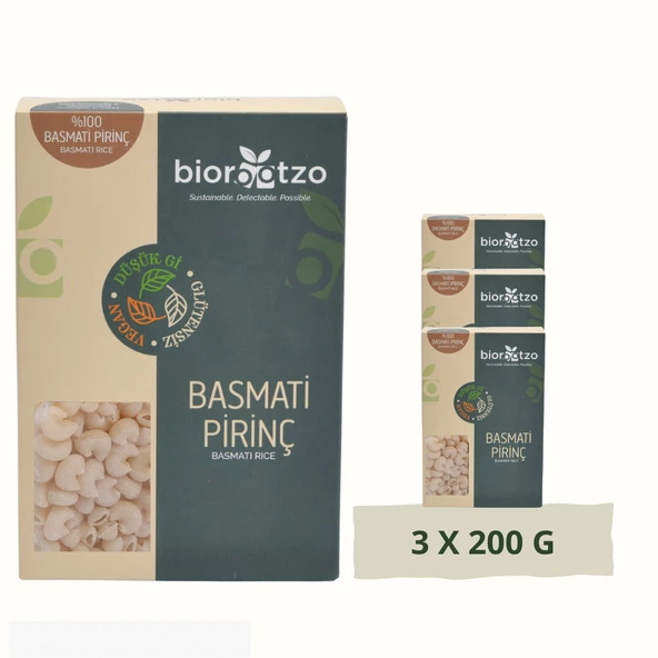 Biorootzo Artizan Bronz Kalıp  Glütensiz Vegan Basmati Pirinç Pipe Rigate Mantı 3 Paket x 200 g Avantajlı Paket