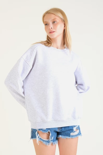 Kadın 3 İp Şardonlu Sıfır Yaka Oversize Sweatshirt Gri - 4