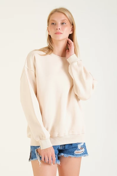 Kadın 3 İp Şardonlu Sıfır Yaka Oversize Sweatshirt Taş