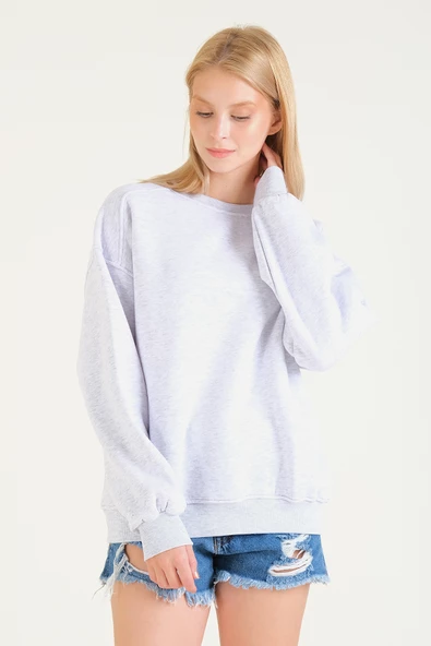 Kadın 3 İp Şardonlu Sıfır Yaka Oversize Sweatshirt Gri - 3