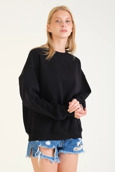 Kadın 3 İp Şardonlu Sıfır Yaka Oversize Sweatshirt Siyah - 2