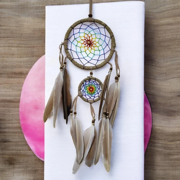 İki Halkalı Kuş Tüylü Karamel Rengi Duvar Süsü - Resim 3