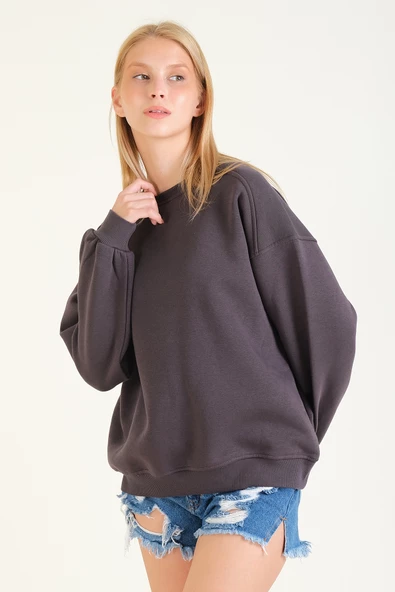 Kadın 3 İp Şardonlu Sıfır Yaka Oversize Sweatshirt Füme - 3