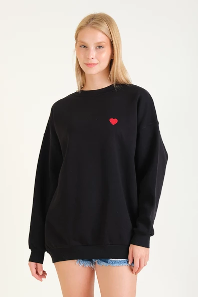 Kadın Kalp Nakışlı 3 İp Şardonlu Oversize Sweatshirt Siyah - 3