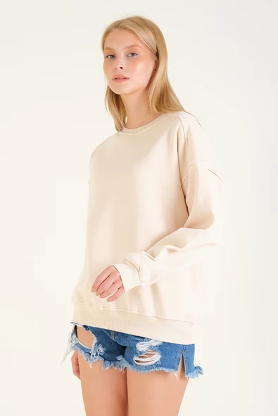 Kadın 3 İp Şardonlu Sıfır Yaka Oversize Sweatshirt Taş - 2