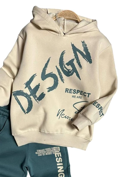 Erkek Çocuk Çift Baskılı Respect Design Yazı Şardonlu Yeşil Eşofman Takım - 4