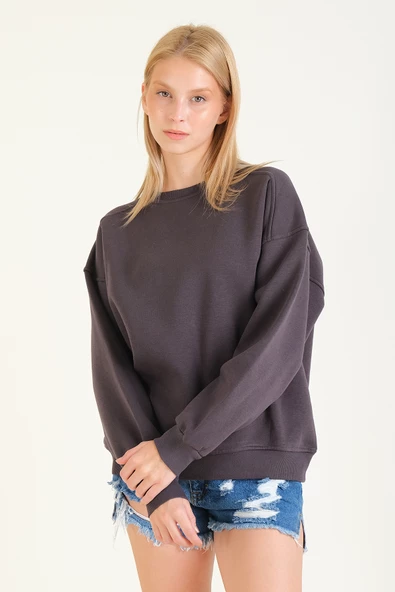 Kadın 3 İp Şardonlu Sıfır Yaka Oversize Sweatshirt Füme - 4