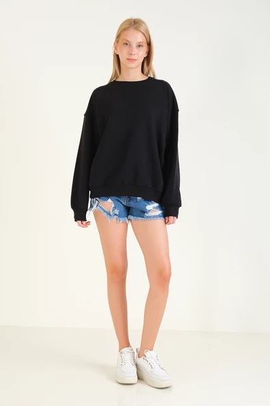 Kadın 3 İp Şardonlu Sıfır Yaka Oversize Sweatshirt Siyah - 4