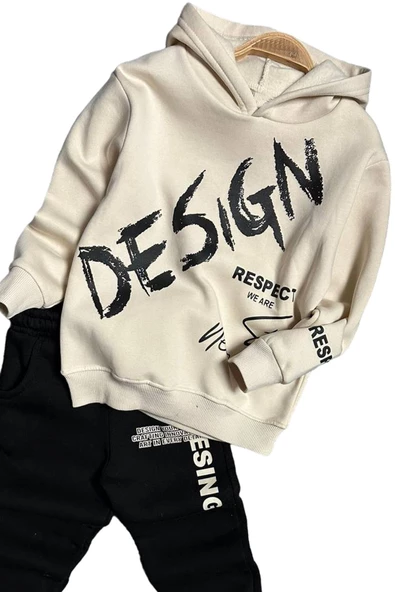 Erkek Çocuk Çift Baskılı Respect Design Yazı Şardonlu Siyah Alt Eşofman Takım - 4