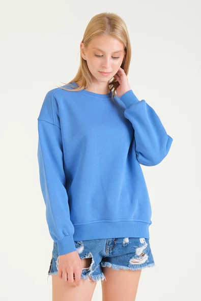 Kadın 3 İp Şardonlu Sıfır Yaka Oversize Sweatshirt Mavi - 4
