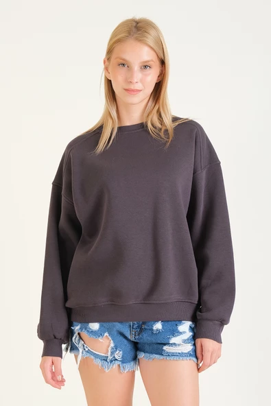 Kadın 3 İp Şardonlu Sıfır Yaka Oversize Sweatshirt Füme - 5