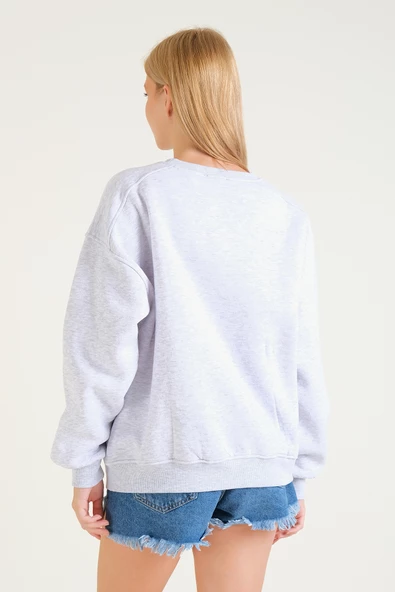 Kadın 3 İp Şardonlu Sıfır Yaka Oversize Sweatshirt Gri - 6