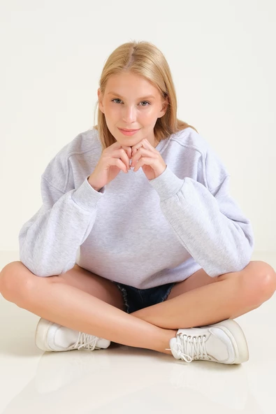 Kadın 3 İp Şardonlu Sıfır Yaka Oversize Sweatshirt Gri - 2