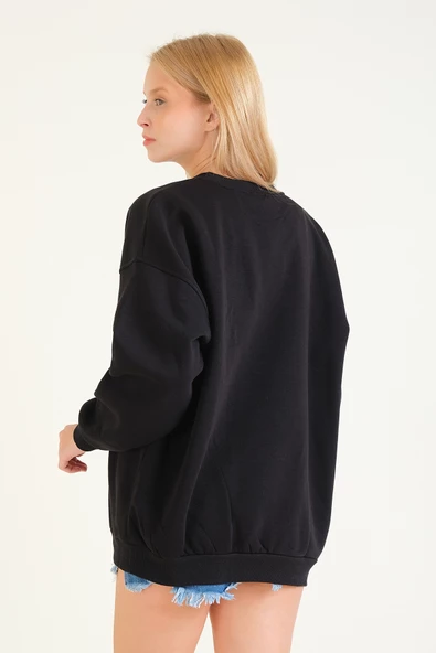 Kadın Kalp Nakışlı 3 İp Şardonlu Oversize Sweatshirt Siyah - 6