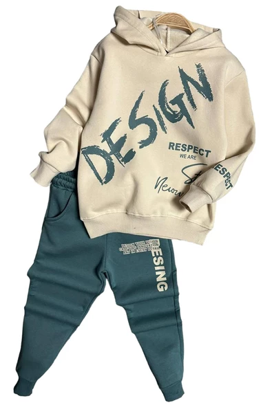 Erkek Çocuk Çift Baskılı Respect Design Yazı Şardonlu Yeşil Eşofman Takım - 3