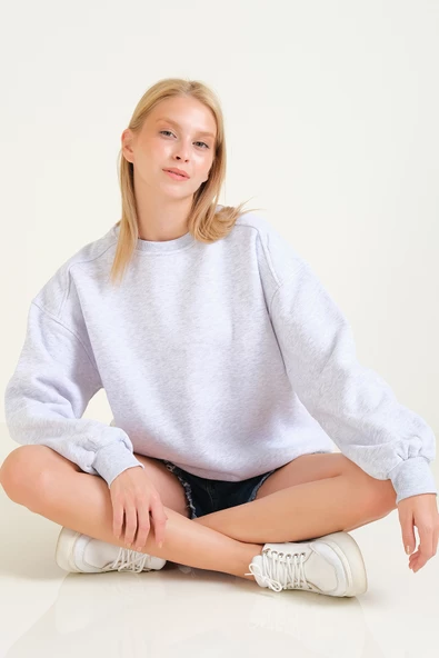 Kadın 3 İp Şardonlu Sıfır Yaka Oversize Sweatshirt Gri