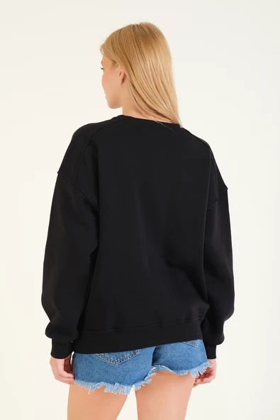 Kadın 3 İp Şardonlu Sıfır Yaka Oversize Sweatshirt Siyah - 6