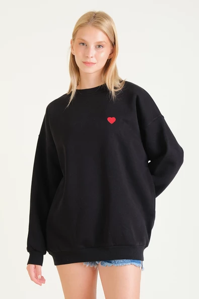 Kadın Kalp Nakışlı 3 İp Şardonlu Oversize Sweatshirt Siyah - 5