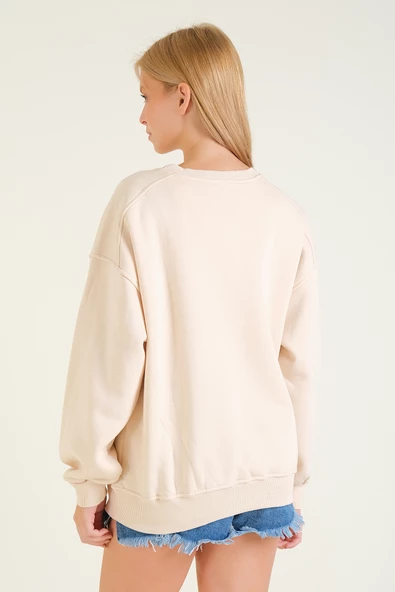Kadın 3 İp Şardonlu Sıfır Yaka Oversize Sweatshirt Taş - 6