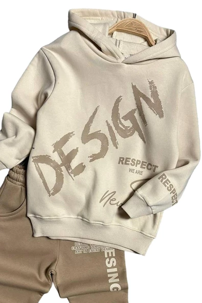 Erkek Çocuk Çift Baskılı Respect Design Yazı Şardonlu Krem Eşofman Takım - 4
