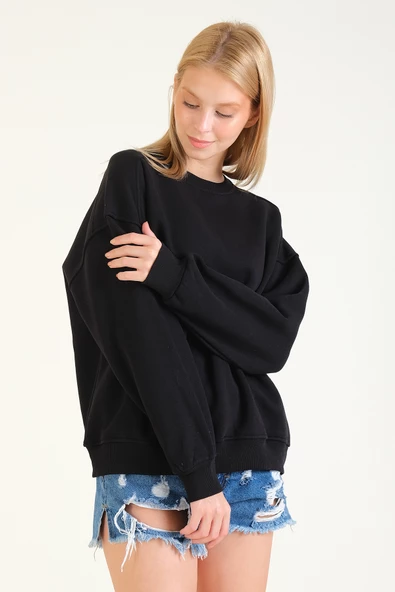 Kadın 3 İp Şardonlu Sıfır Yaka Oversize Sweatshirt Siyah - 3